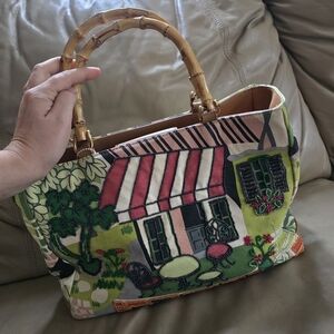 Vtg Bueno Outdoor Cafe Beaded Bag w/Bamboo Handles